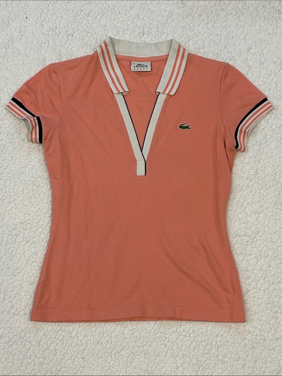 Lacoste Tops - Lacoste Coral Pink Deep V-Neck fitted Polo Shirt Small Striped Collar & Sleeves